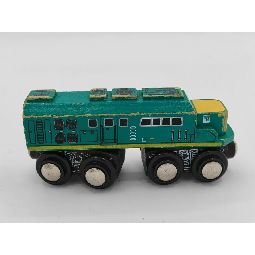 Vintage Style Wooden Diesel‎ Locomotive Train Engine 1208 Teal Yellow Magnetic